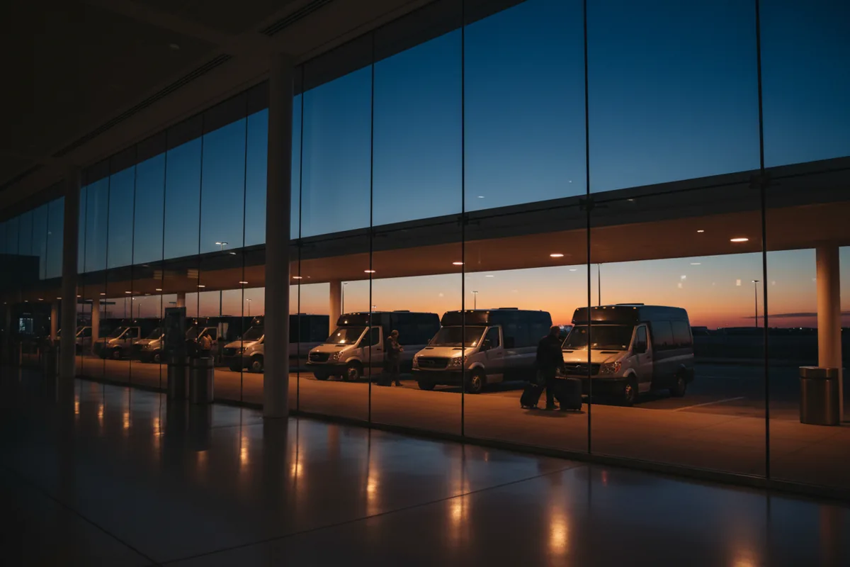 Travelers with luggage waiting for shuttle vans at an airport arrivals curb at dusk.