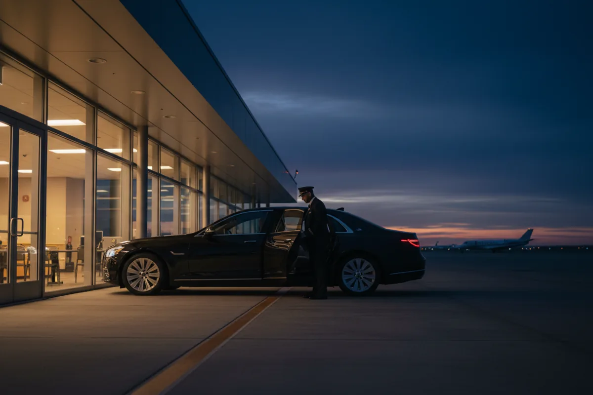 A luxury black car waiting at a private airport terminal at twilight.