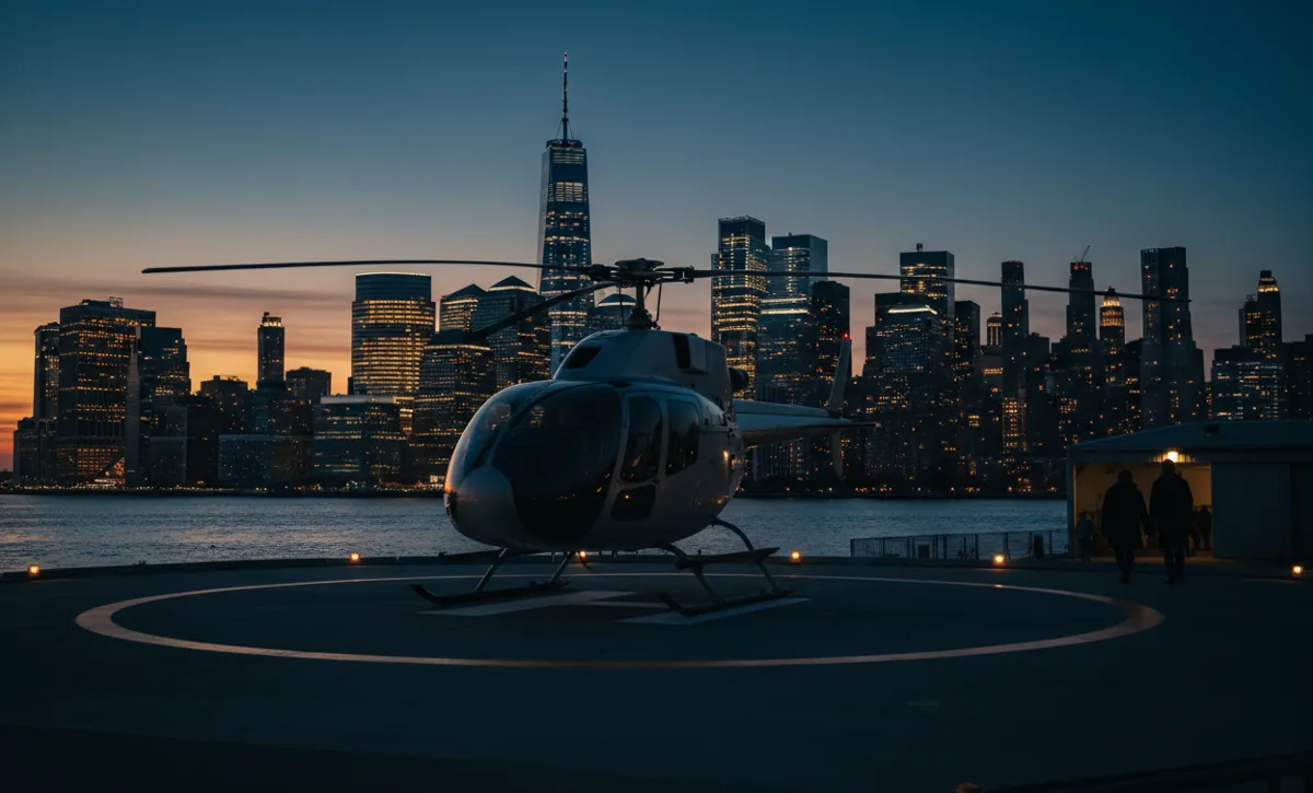 A helicopter on a waterfront helipad with the Lower Manhattan skyline at dusk.