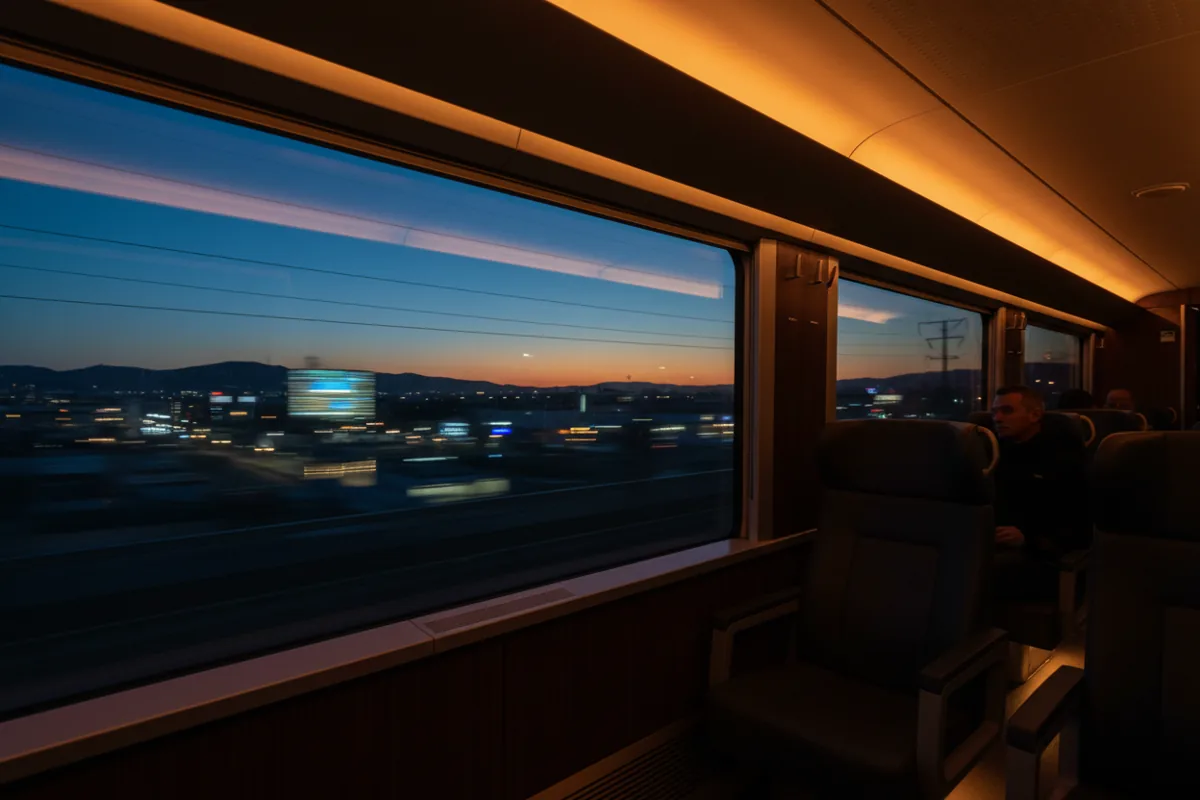 A person looks out the window of a moving train at dusk, with blurred city lights visible outside.