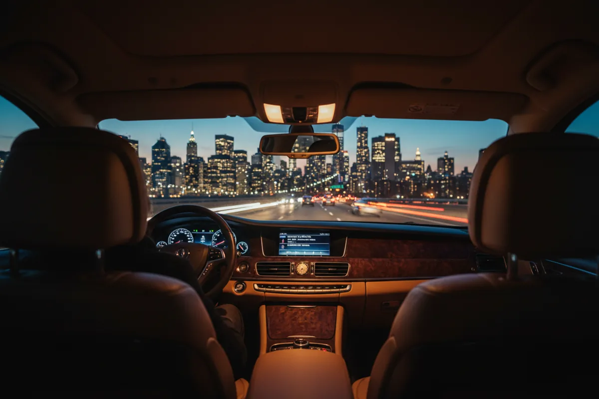 View from the backseat of a luxury car driving towards a city skyline at night.