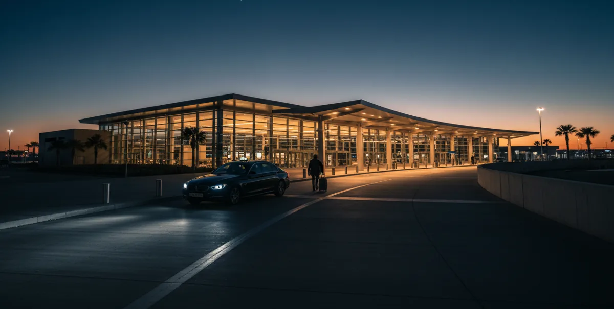 A taxi waits at an airport terminal curb during twilight, with warm lights glowing from the building.