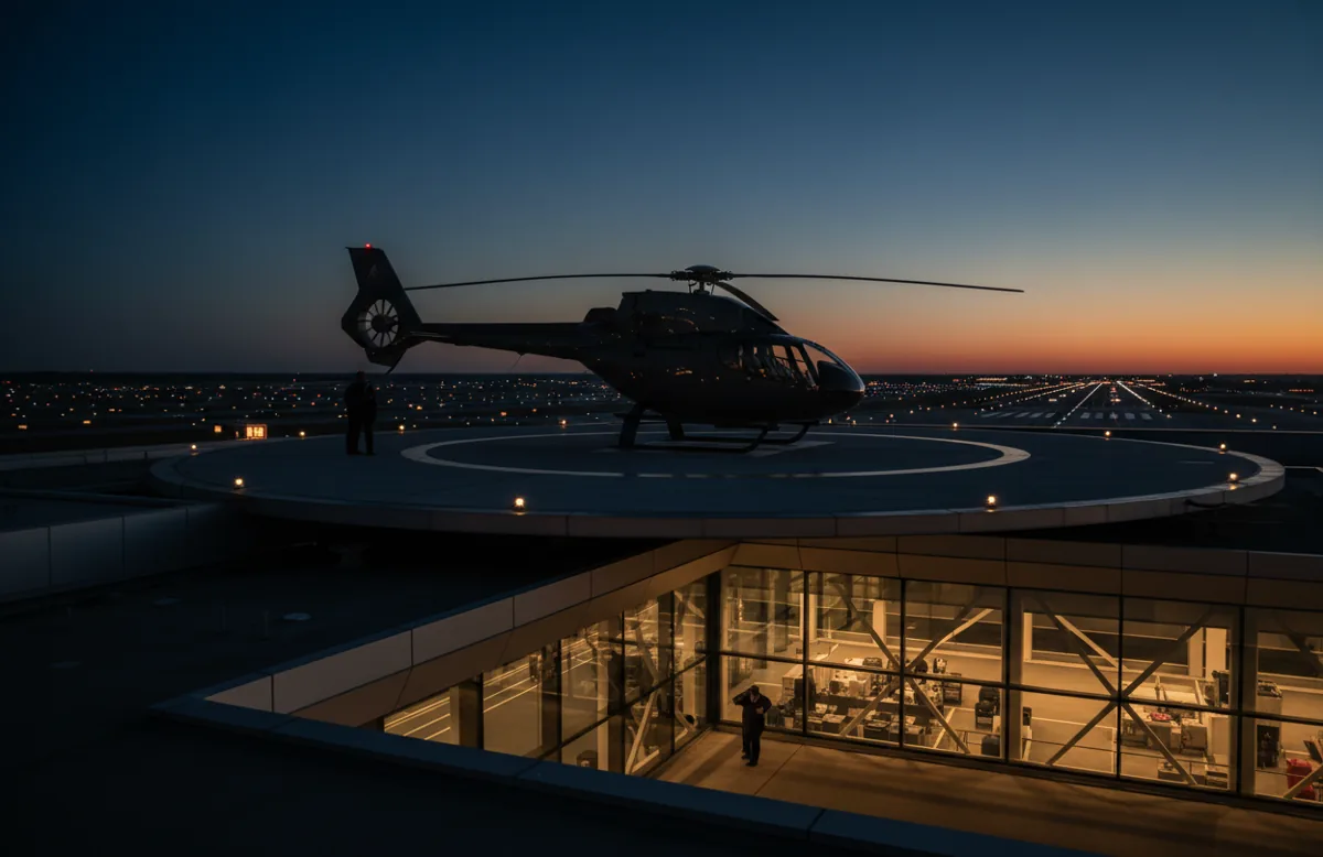 A helicopter on an airport helipad at dusk, with terminal lights glowing in the background.