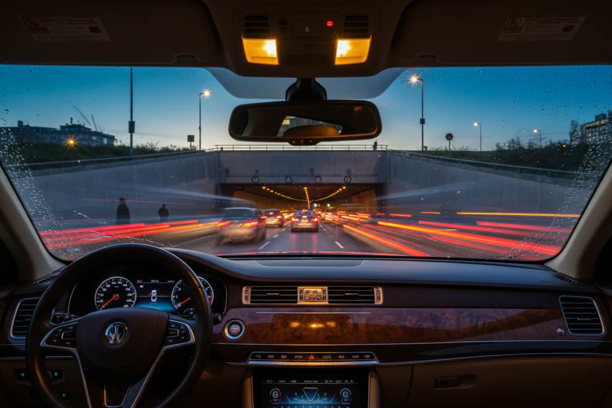 View from inside a car of traffic at a tunnel entrance at dusk.