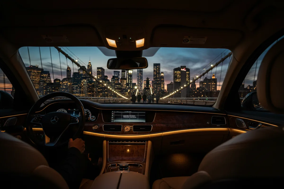 The view of the New York City skyline at night from inside a luxury car driving over a bridge.