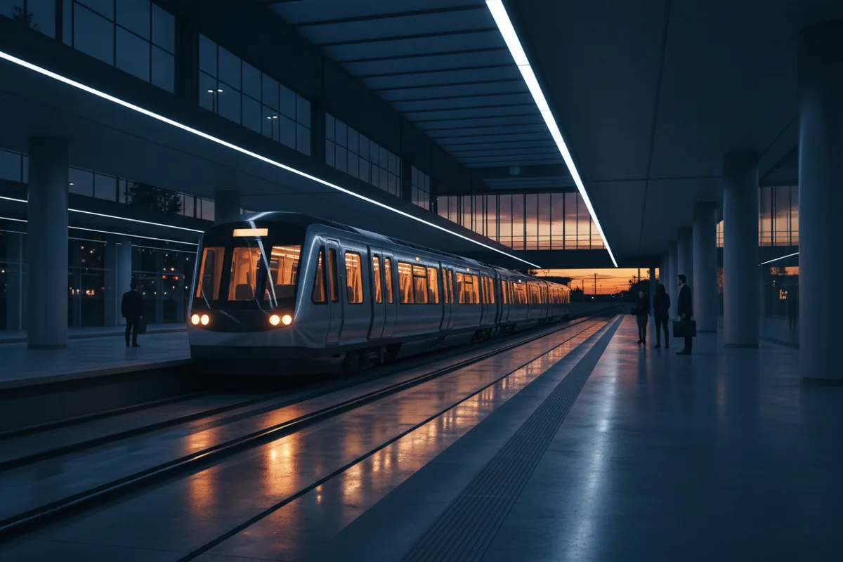 A modern train arriving at a dimly lit, contemporary underground station platform.