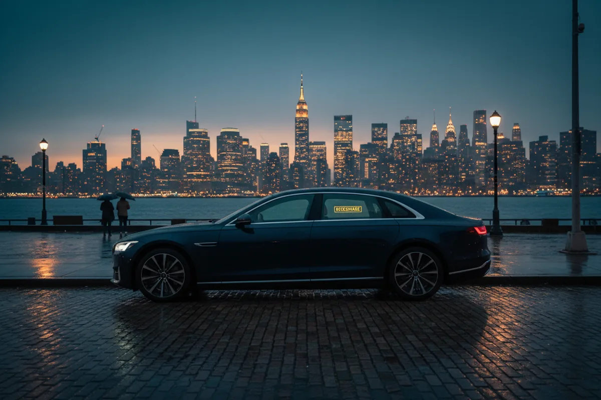 A rideshare car parked on a wet street with the distant Manhattan skyline and Empire State Building at dusk.