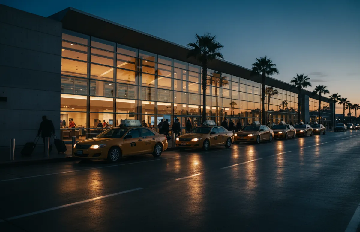 A line of taxis waiting outside a modern airport terminal at dusk.
