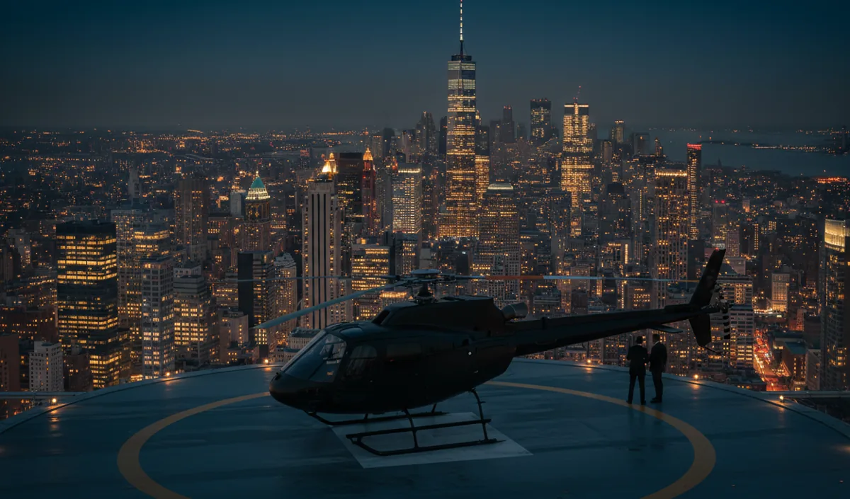 A helicopter on a rooftop helipad with the lower Manhattan skyline glowing at dusk.