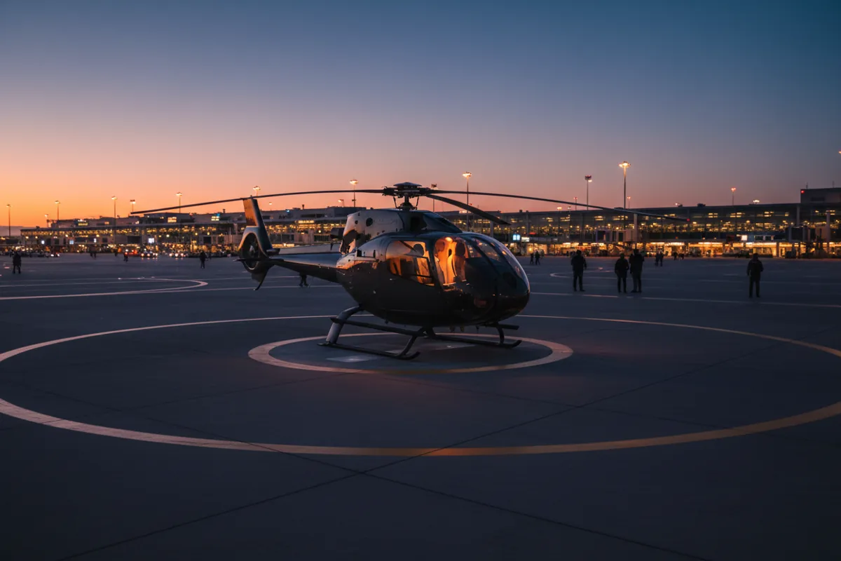 A helicopter on a helipad at an airport during twilight, with terminal lights in the background.