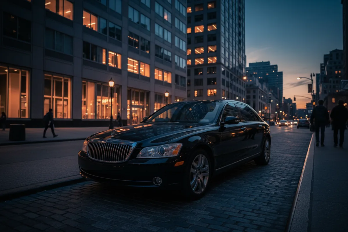 A black luxury sedan parked on a quiet Midtown Manhattan street at dusk.