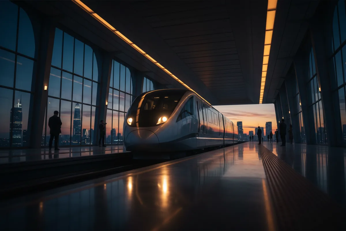 A modern, empty monorail station platform at twilight as a train with glowing headlights arrives.