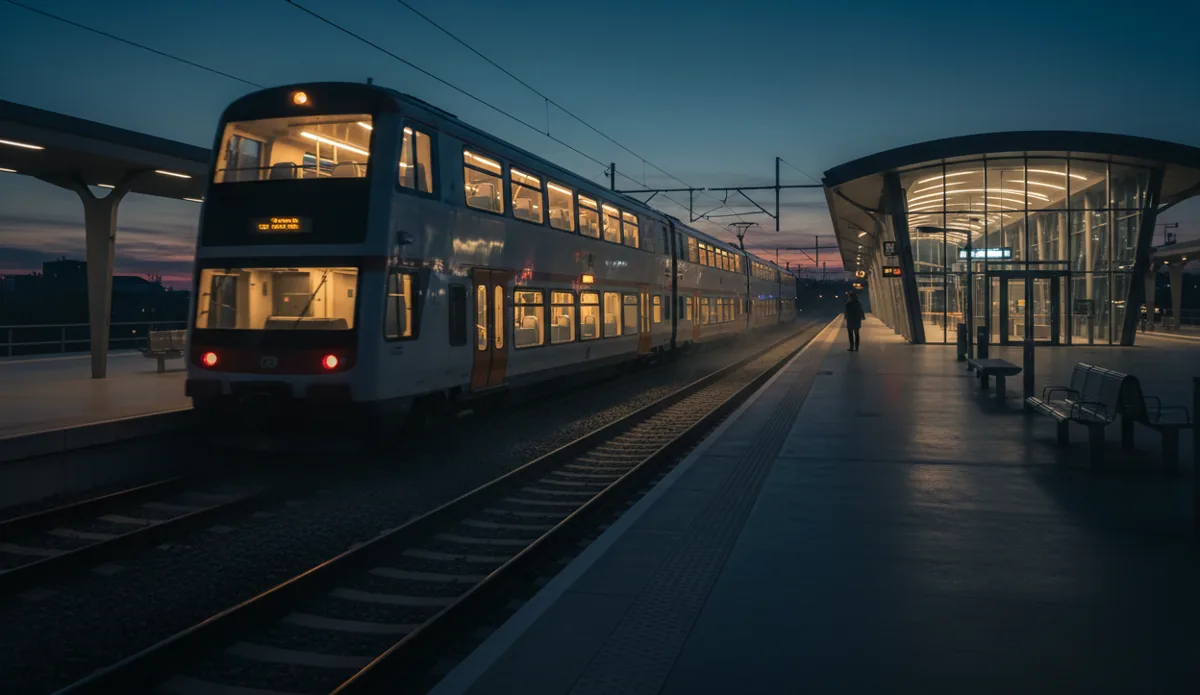 A commuter train with lit windows arrives at an outdoor station platform at dusk.