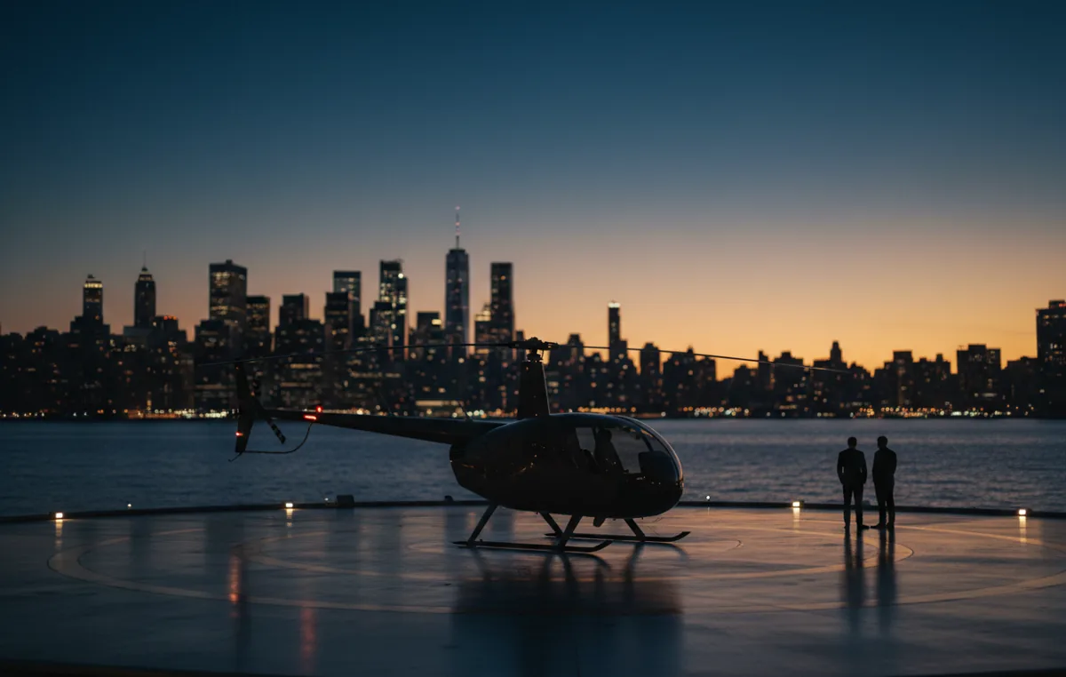 A modern helicopter on a helipad with the distant New York City skyline visible across the water.