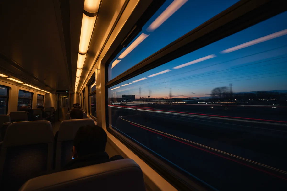 View from a train window at dusk, showing blurred city lights and the warm interior of the train car.