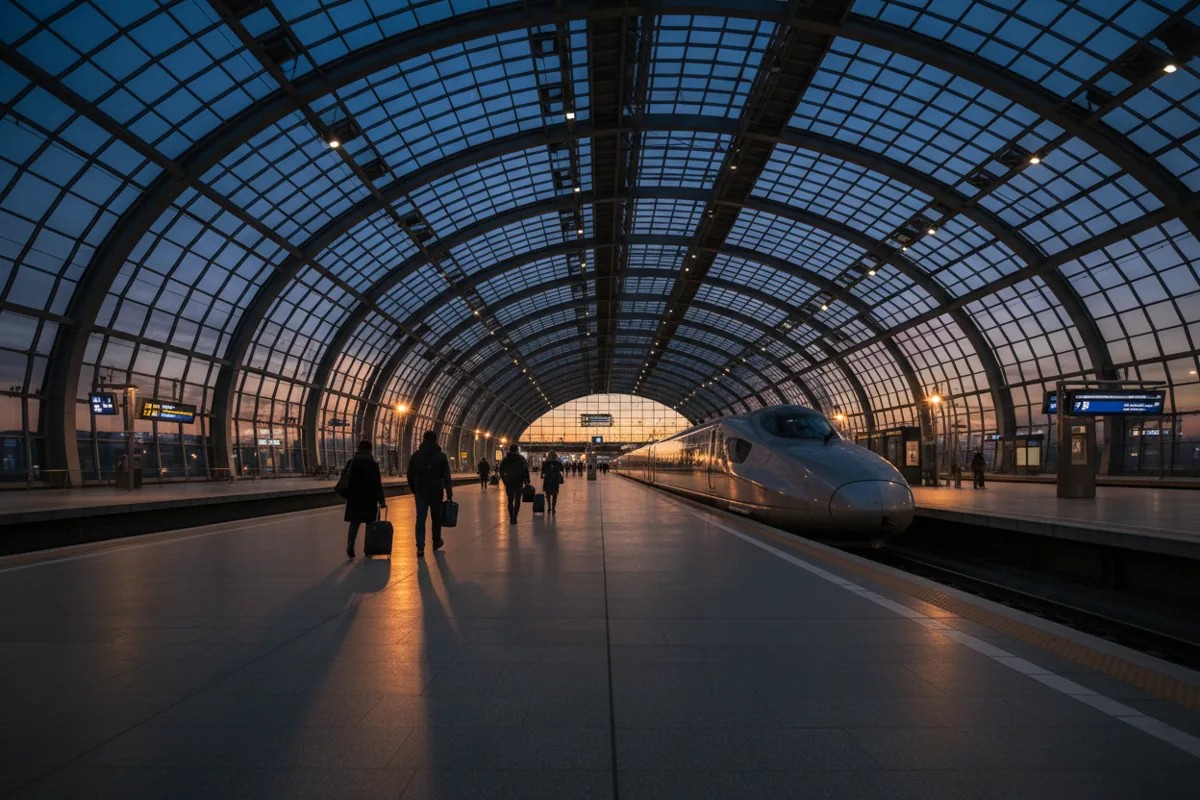 A modern train waits at a station platform at dusk, with travelers walking nearby.