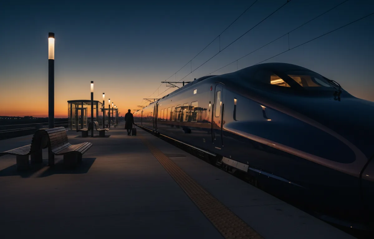 A modern train at a quiet, empty station platform during a golden sunset.