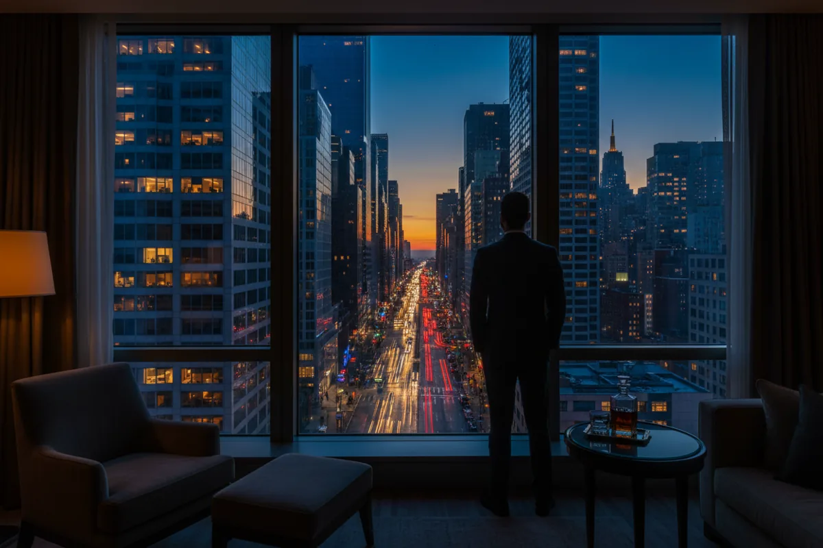 A river of car lights on a busy New York City street at dusk, viewed from a high-rise window.