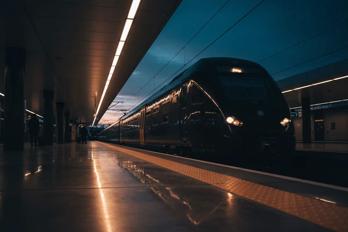 A modern passenger train arriving at a platform in Newark Penn Station at dusk.