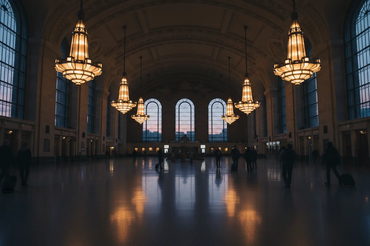 The grand Art Deco waiting room of a historic train station, with glowing chandeliers and high ceilings.