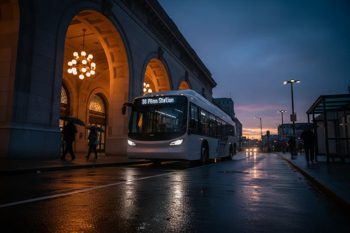 A modern bus at the terminal outside Newark Penn Station at twilight, its lights reflecting on wet pavement.
