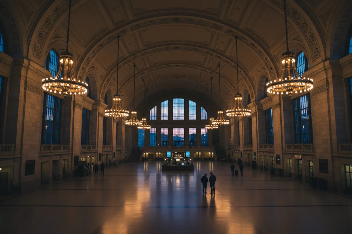 The grand, high-ceilinged main waiting hall of a historic train station with glowing chandeliers.
