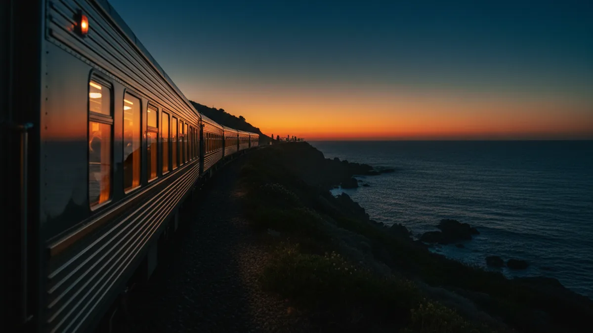 A passenger train travels on a track next to the ocean during a beautiful sunset.