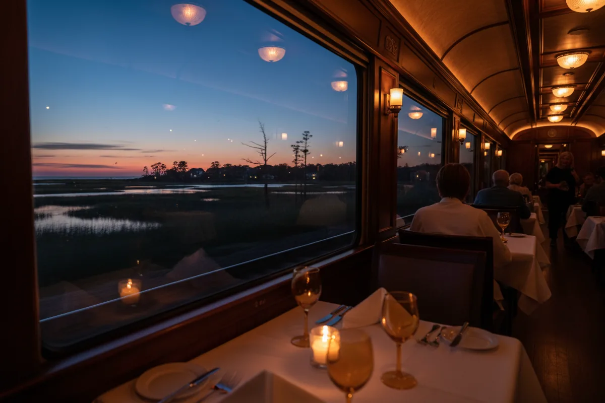 A coastal marsh landscape at sunset, viewed from the window of a train's warmly lit dining car.
