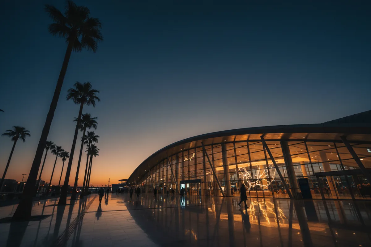 The modern glass exterior of a train station with silhouetted palm trees at twilight.