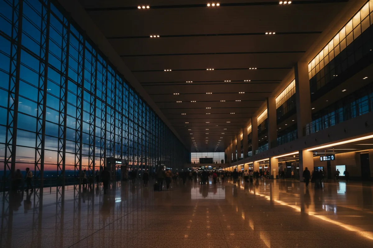 Travelers walk through a modern, spacious train station concourse at twilight.