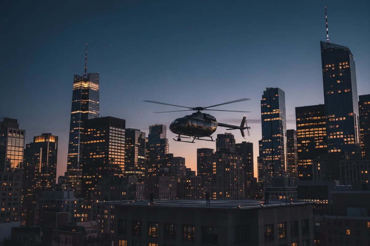A helicopter takes off from a Manhattan helipad at dusk, surrounded by glowing city skyscrapers.