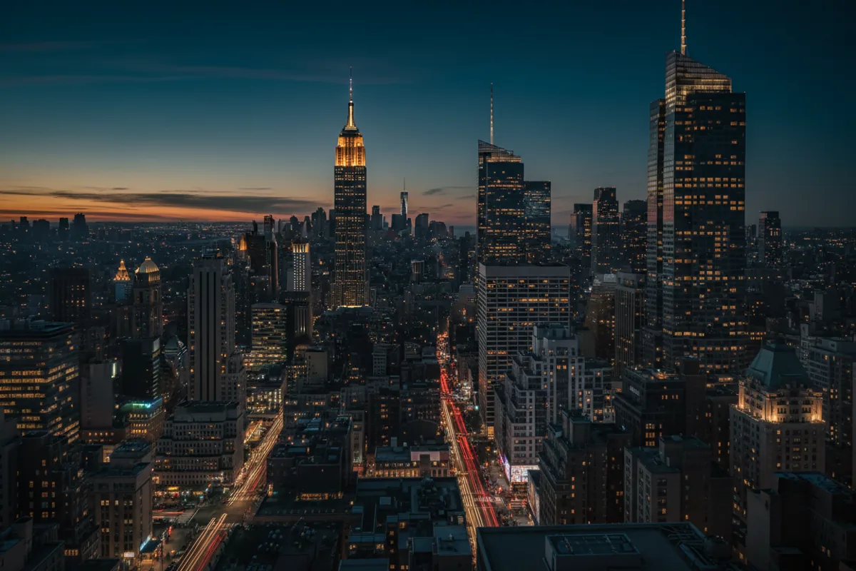 An aerial view of Midtown Manhattan at dusk, with city lights and traffic trails glowing below.