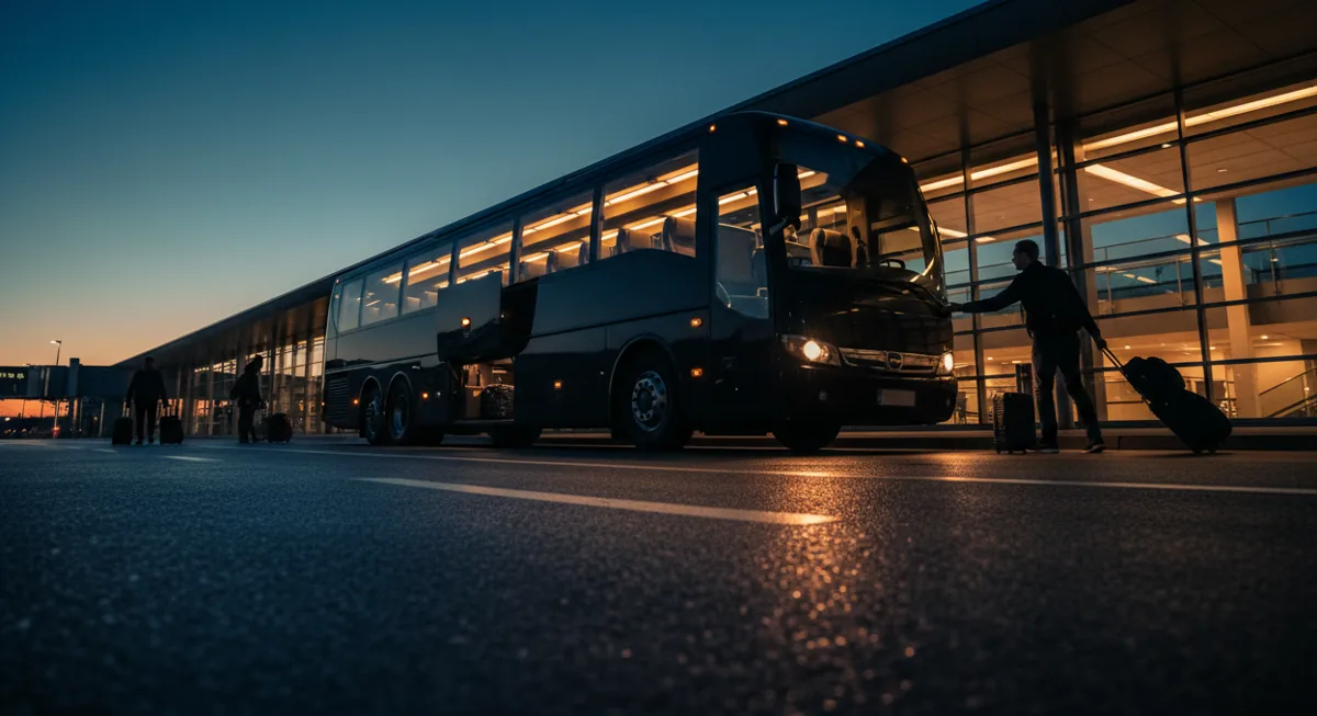 A modern charter bus at an airport terminal curb at twilight.