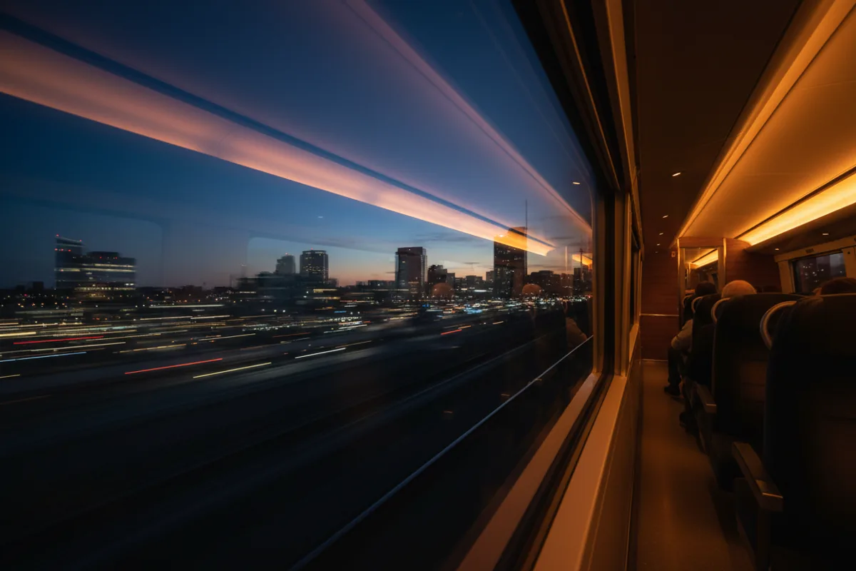 The view of a blurred urban landscape at dusk from a moving train window.