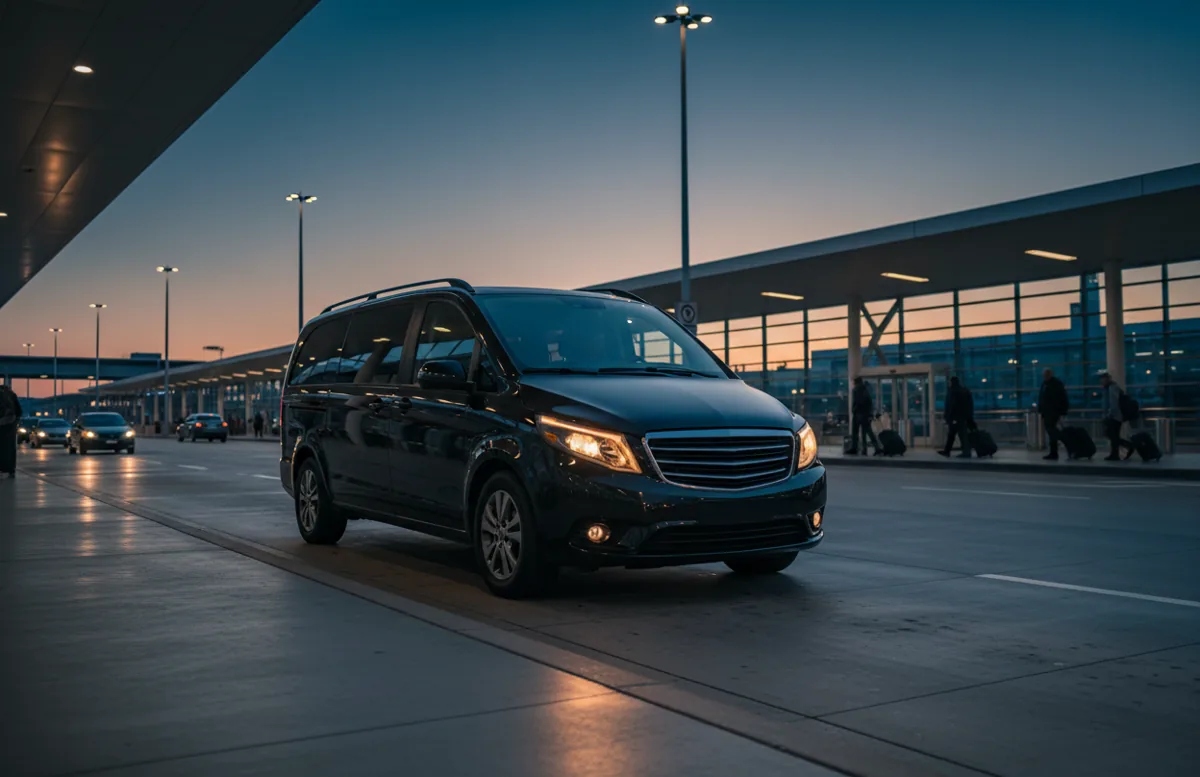 A passenger van pulls away from an airport curb at twilight.