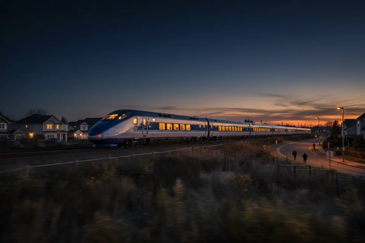 A passenger train with glowing windows speeds through a landscape at blue hour.