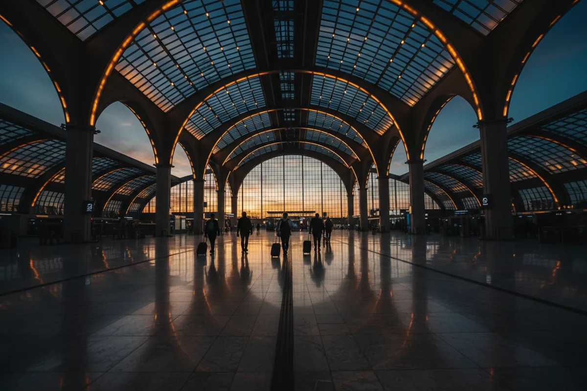 A grand, modern train station concourse with high ceilings and warm lighting at dusk.