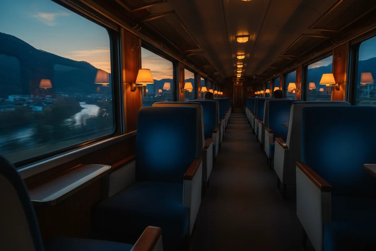 The interior of an empty, modern train car with plush seats and warm lighting at twilight.