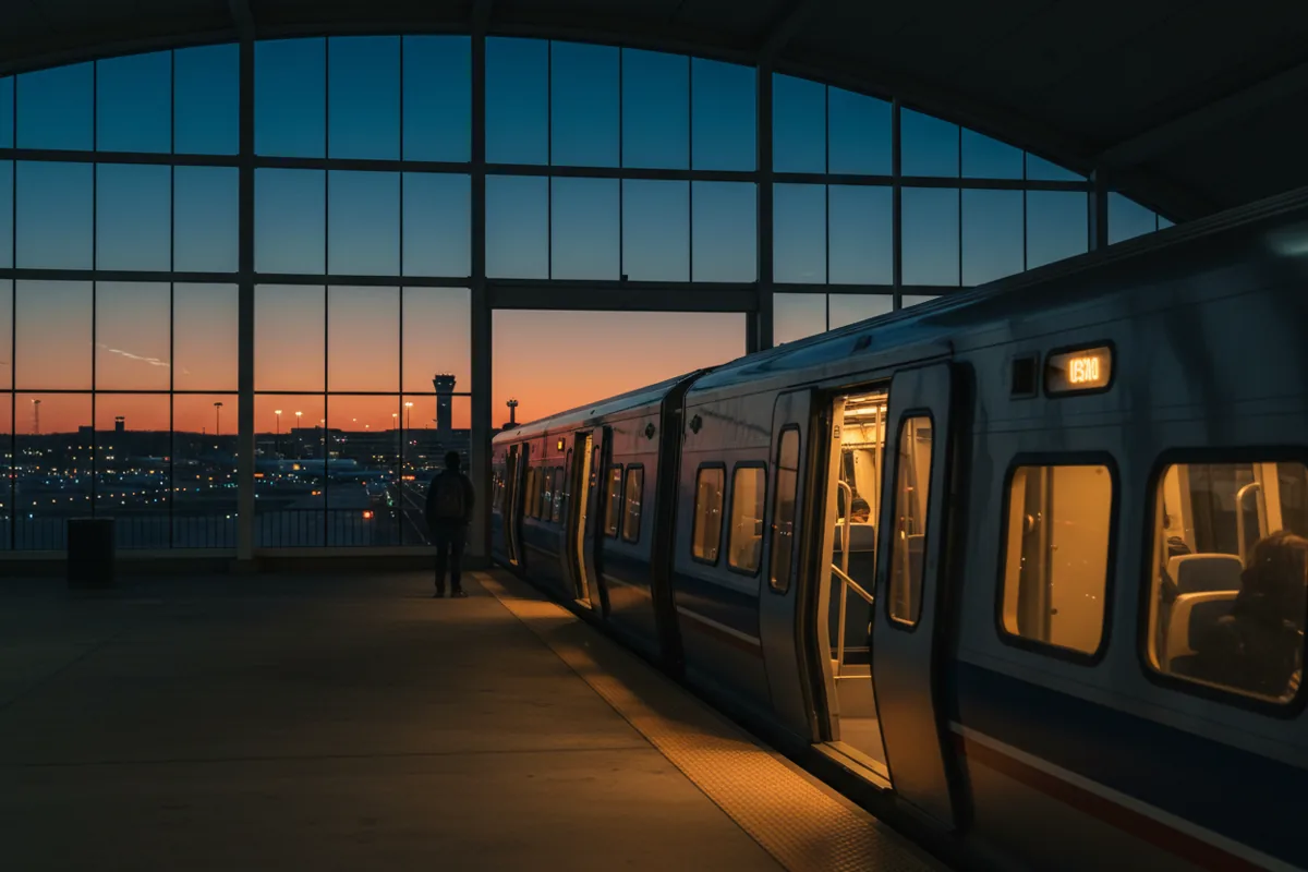 A train arrives at an airport rail station platform at sunset.