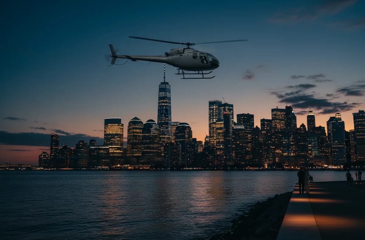 A helicopter flies toward the Manhattan skyline at dusk.