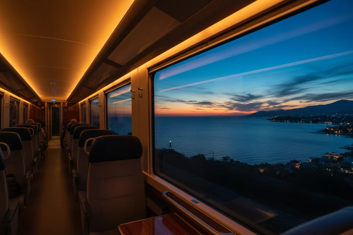 The Mediterranean coast at dusk, viewed from the window of a modern train.