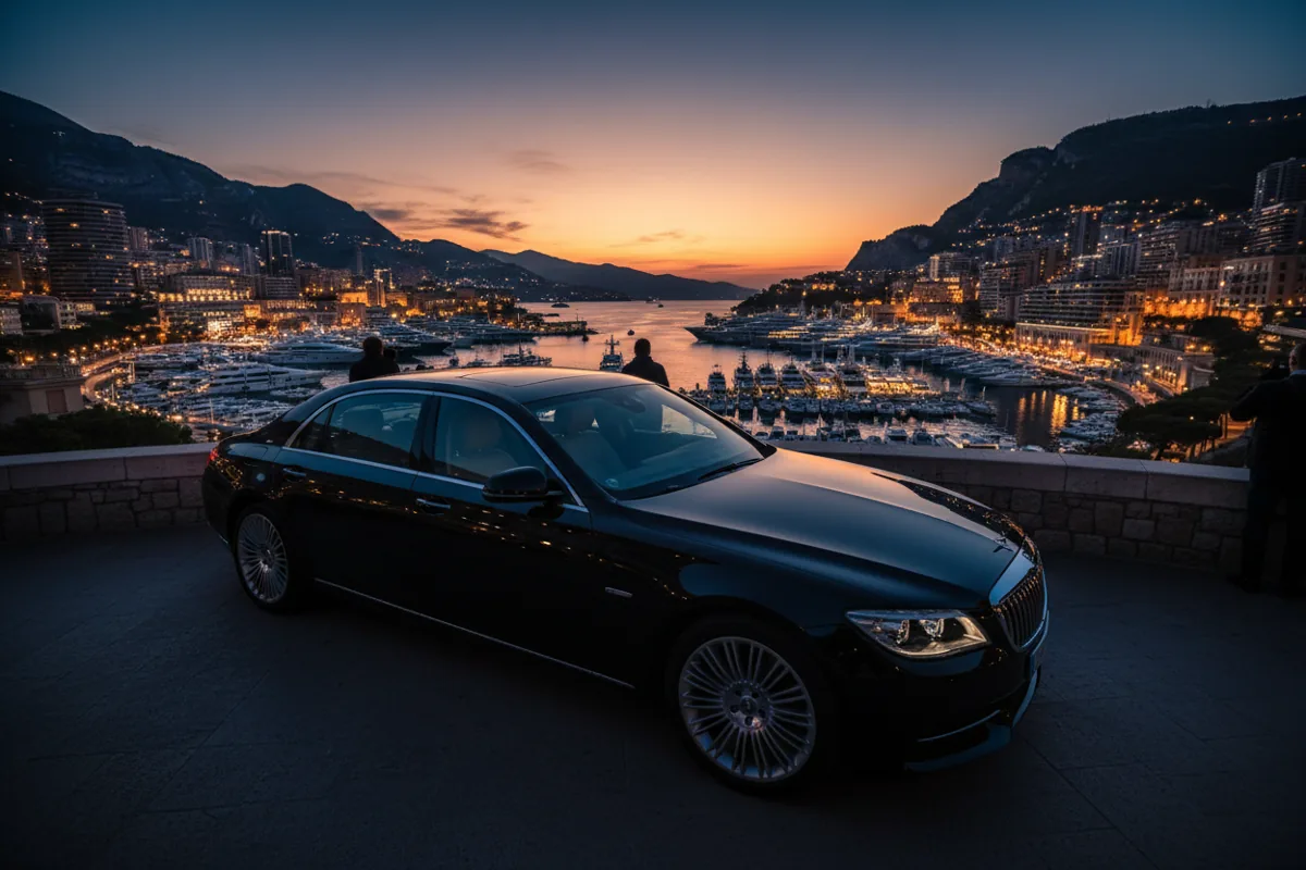 A luxury sedan parked at a scenic overlook above the glowing harbor of Monaco at twilight.