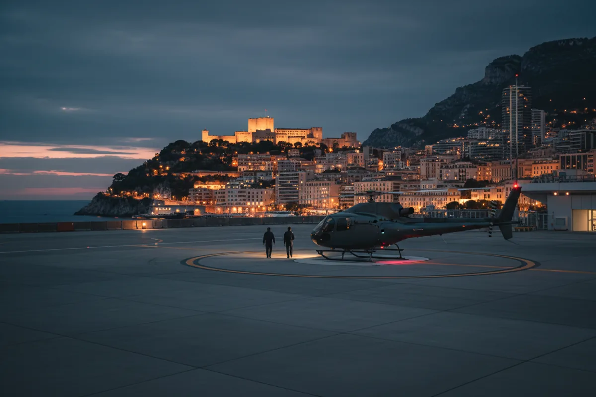 A helicopter on a helipad in Monaco at night, with the illuminated city in the background.