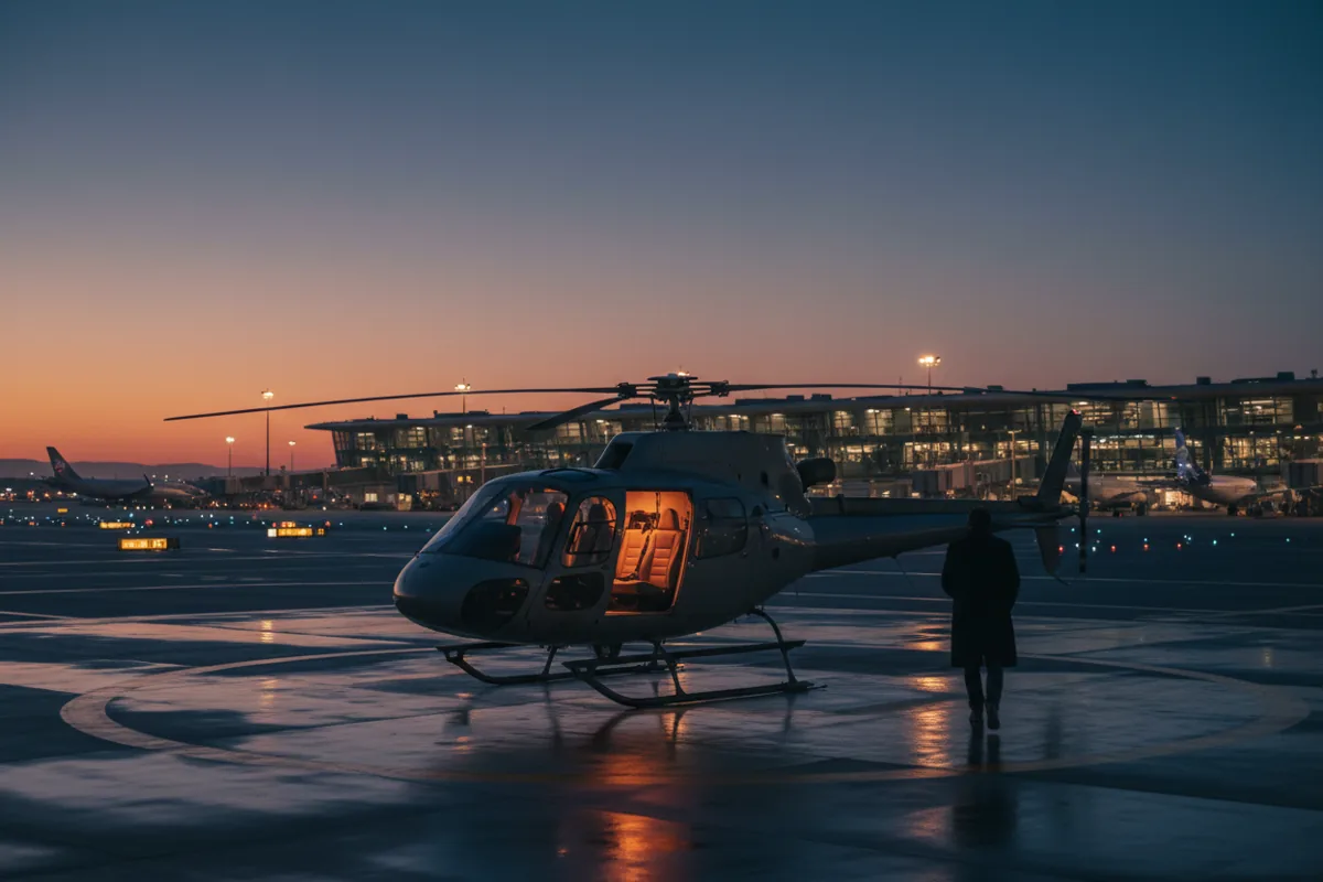 A helicopter waits on an airport helipad at twilight, its cabin lights on, with a terminal in the background.