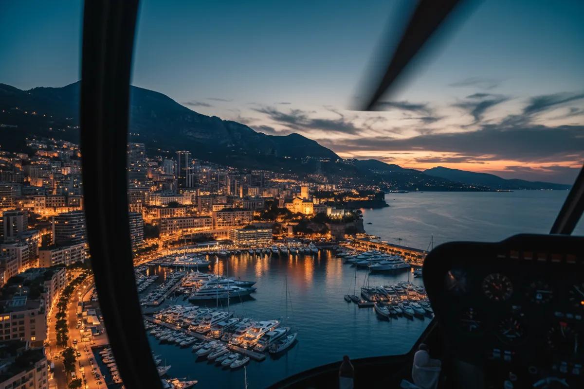 Aerial view of the illuminated harbor and city of Monaco at dusk.