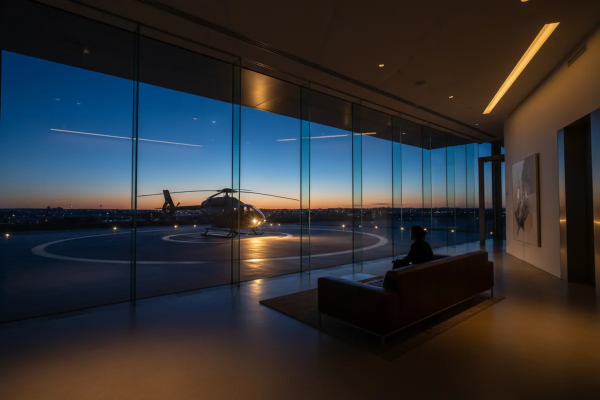A modern helicopter lounge with a view of a helipad at dusk.