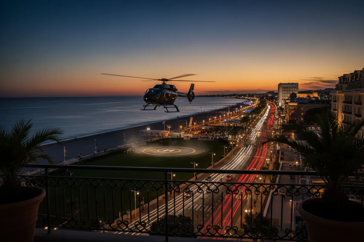 A helicopter lands on a private helipad in Cannes at twilight, with city lights in the background.
