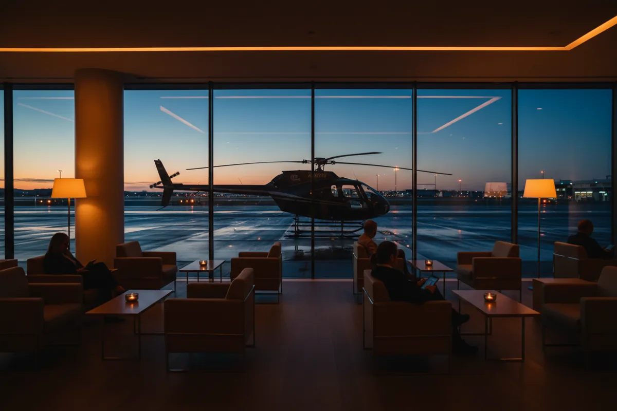 A modern airport lounge at twilight with a view of a helicopter on the tarmac.