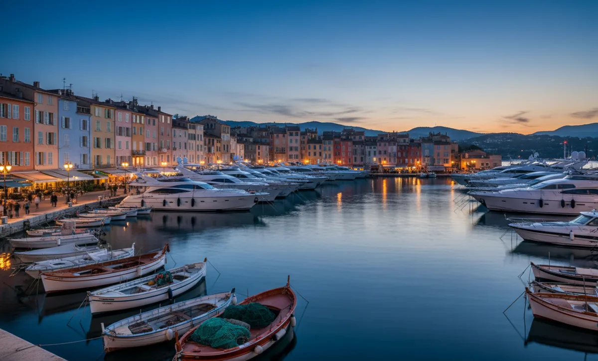 View of the colorful port of Saint-Tropez from the sea, with yachts moored in the harbor on a sunny day.