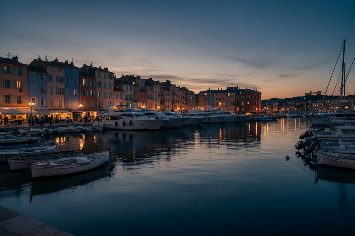 Luxury yachts moored in the Old Port of Saint Tropez at dusk, with glowing waterfront buildings.